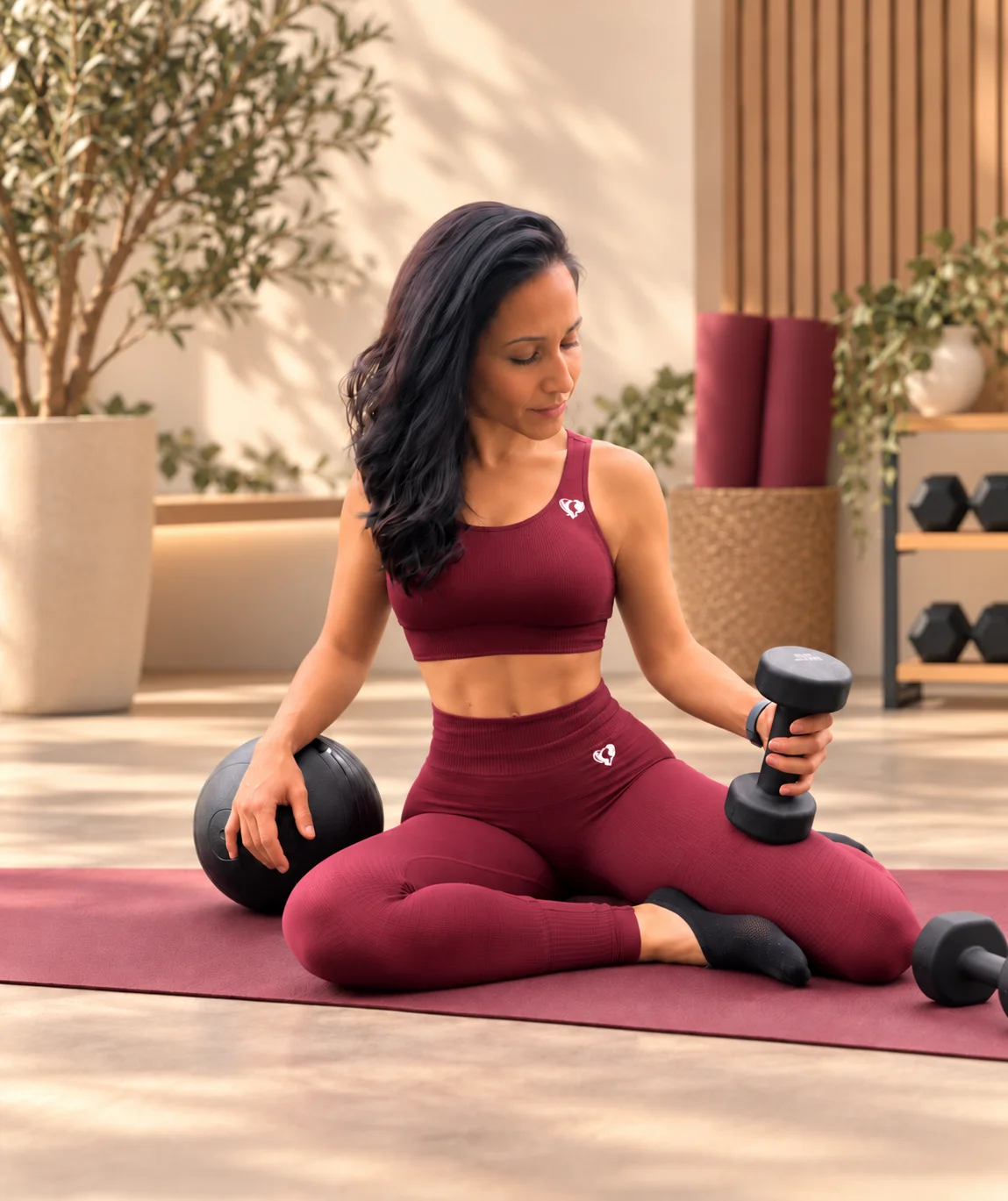 A woman holding a dumbbell on an exercise mat in a home training space