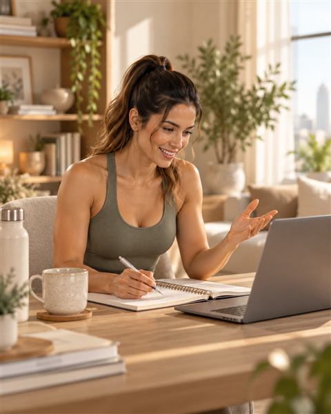 A woman taking notes during an online fitness consultation on a laptop