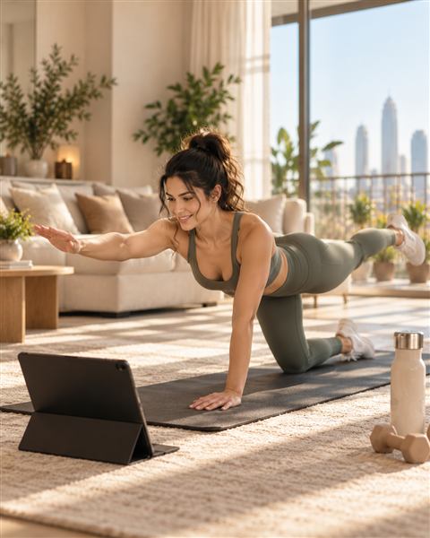 A woman following a workout on a tablet while exercising at home
